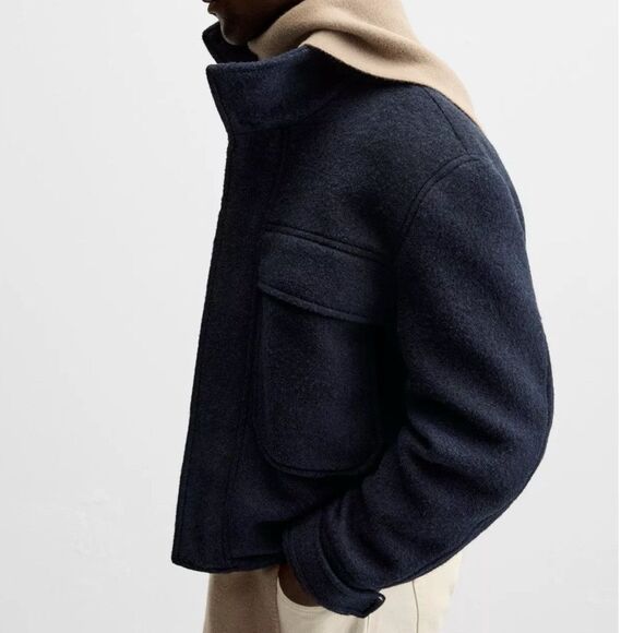 Zara Men's BOUCLÉ TEXTURED JACKET Blue Lapel Collar - Strap Cuffs Size US S New - Picture 9 of 13